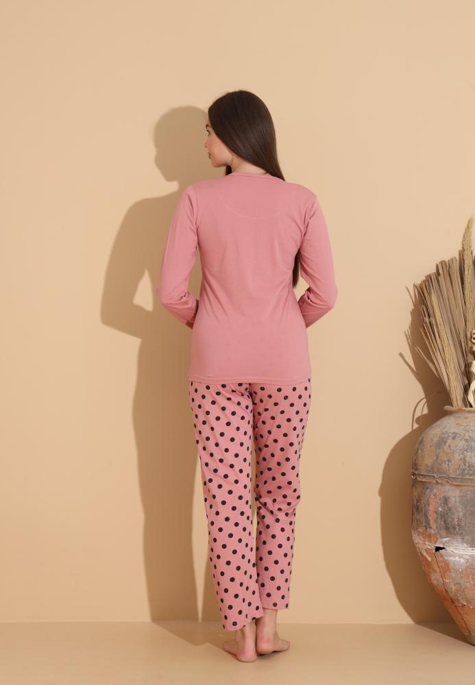 Pijama Dama „HELLO" ,Pantaloni si Maneca Lunga,Culoare Roz Pudrat, Engros